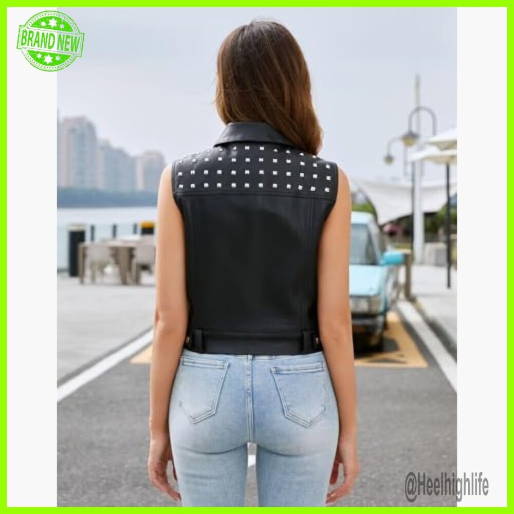 Faux Leather Biker Vest with Rivet Details, Sleeveless Fitted Waistcoat - Picture 4 of 6